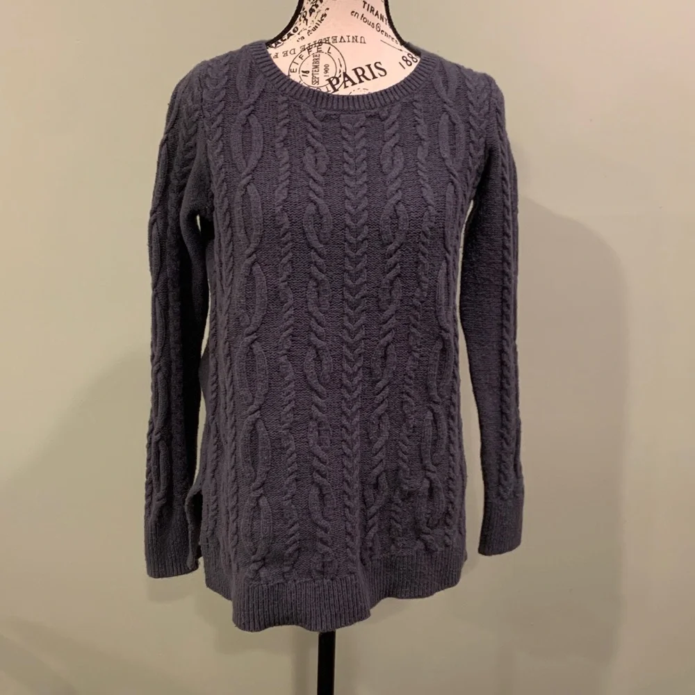 LOFT Women’s Small Charcoal Gray Cable Knit Round Neck Cotton Blend Sweater